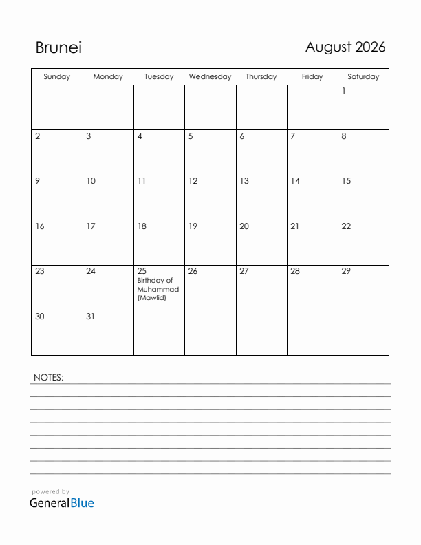 August 2026 Brunei Calendar with Holidays (Sunday Start)
