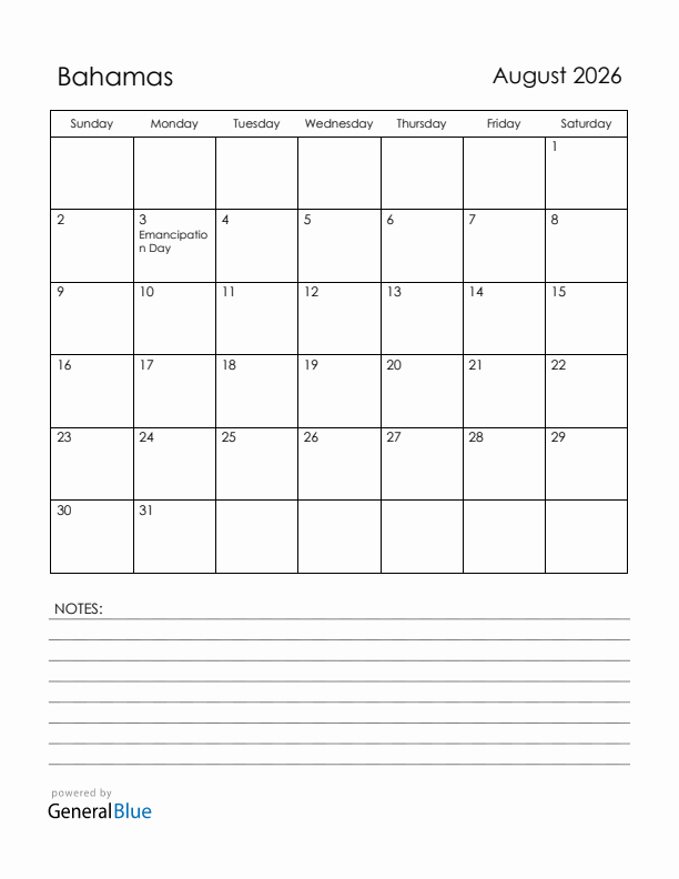 August 2026 Bahamas Calendar with Holidays (Sunday Start)