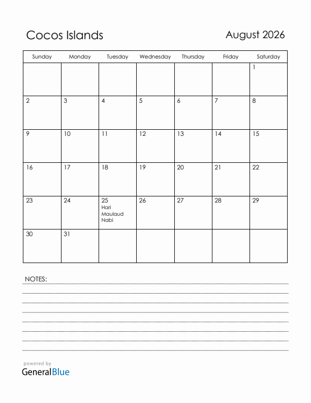 August 2026 Cocos Islands Calendar with Holidays (Sunday Start)