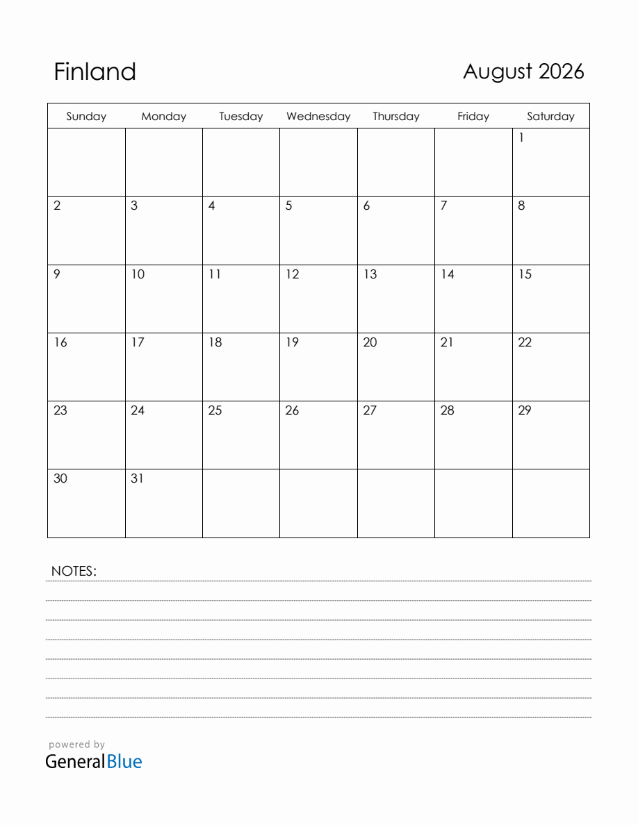 August 2026 Finland Calendar with Holidays