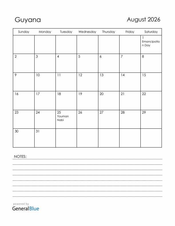 August 2026 Guyana Calendar with Holidays (Sunday Start)