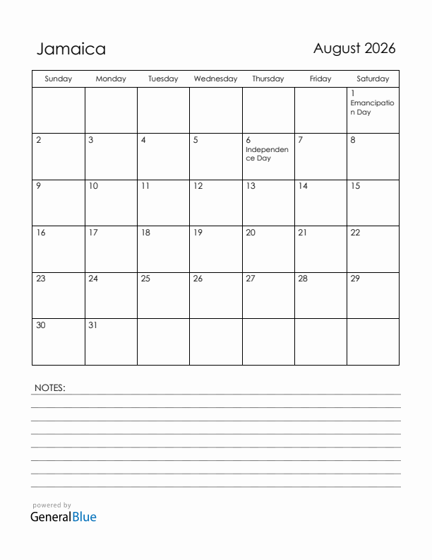 August 2026 Jamaica Calendar with Holidays (Sunday Start)