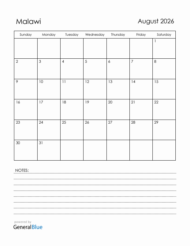 August 2026 Malawi Calendar with Holidays (Sunday Start)
