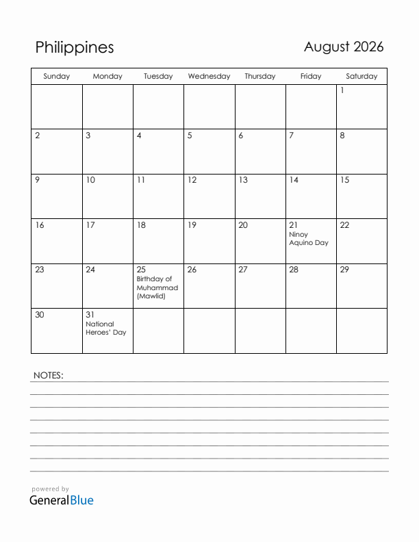 August 2026 Philippines Calendar with Holidays (Sunday Start)