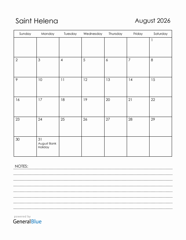 August 2026 Saint Helena Calendar with Holidays (Sunday Start)