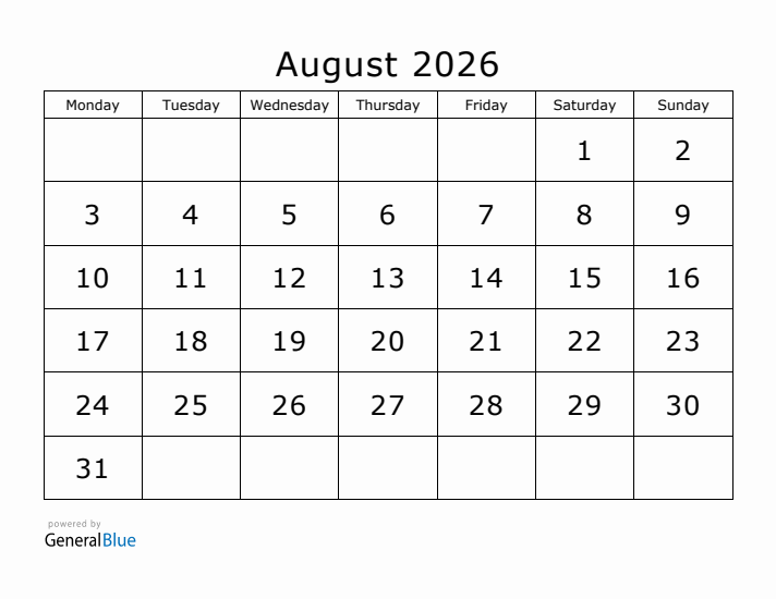 Printable August 2026 Calendar - Monday Start