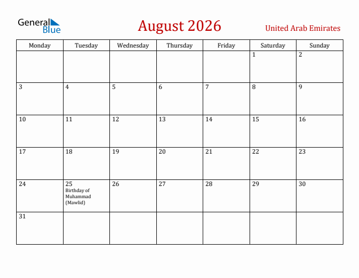 United Arab Emirates August 2026 Calendar - Monday Start