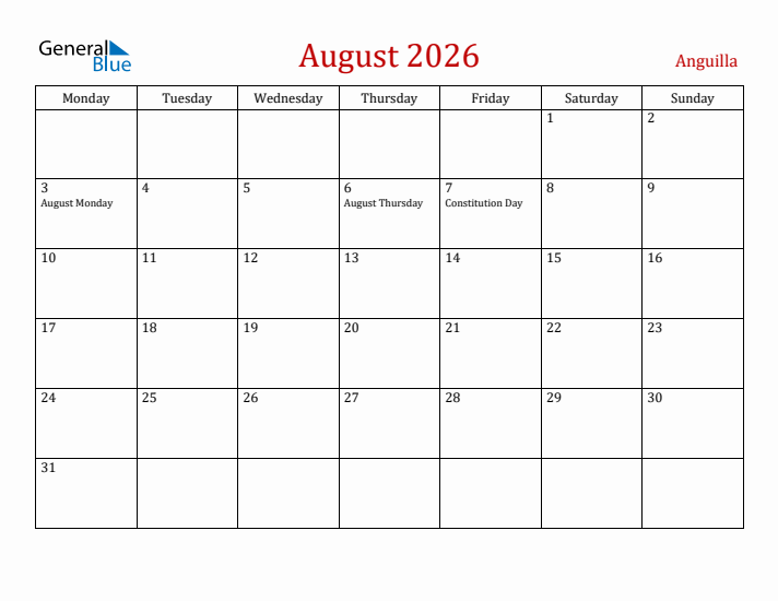 Anguilla August 2026 Calendar - Monday Start