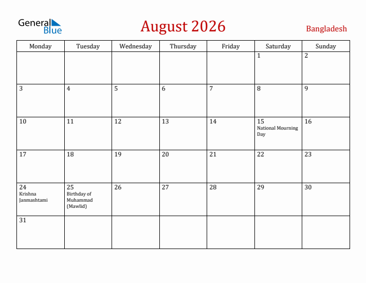 Bangladesh August 2026 Calendar - Monday Start
