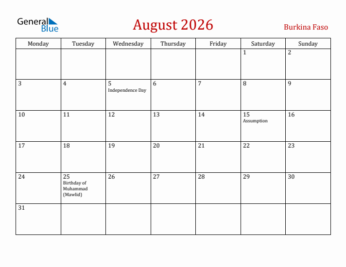 Burkina Faso August 2026 Calendar - Monday Start