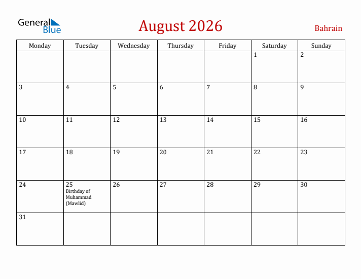 Bahrain August 2026 Calendar - Monday Start