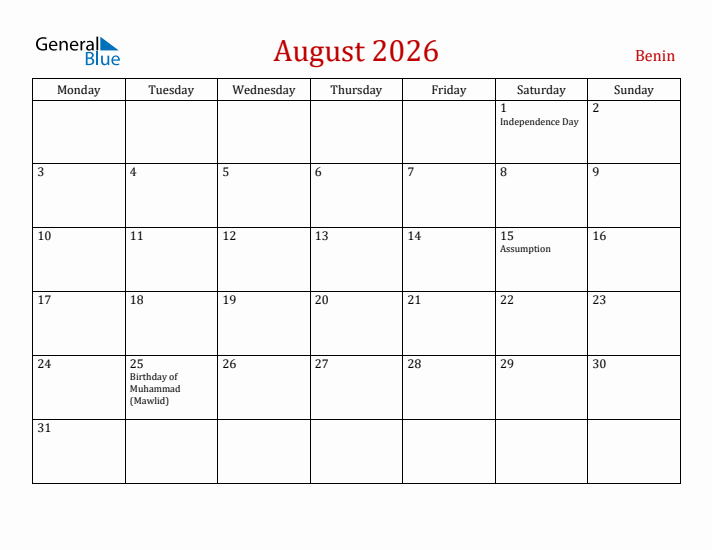Benin August 2026 Calendar - Monday Start