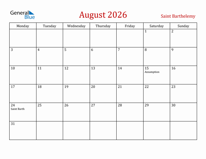 Saint Barthelemy August 2026 Calendar - Monday Start