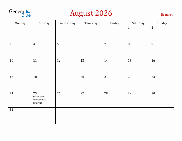 Brunei August 2026 Calendar - Monday Start
