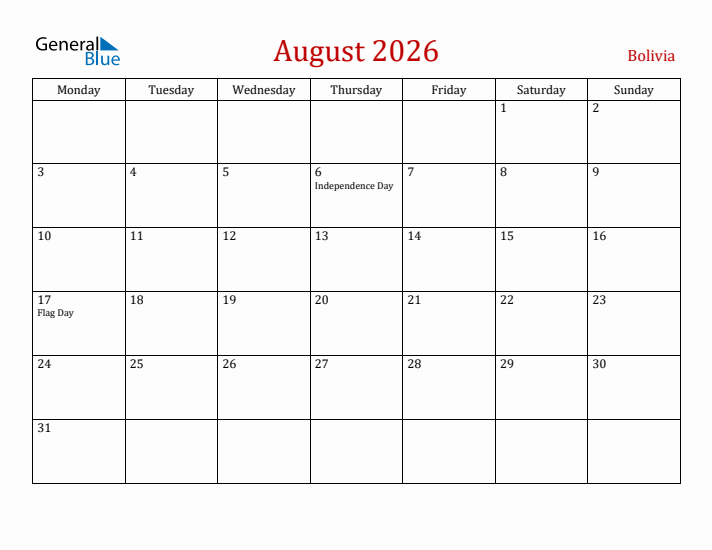 Bolivia August 2026 Calendar - Monday Start