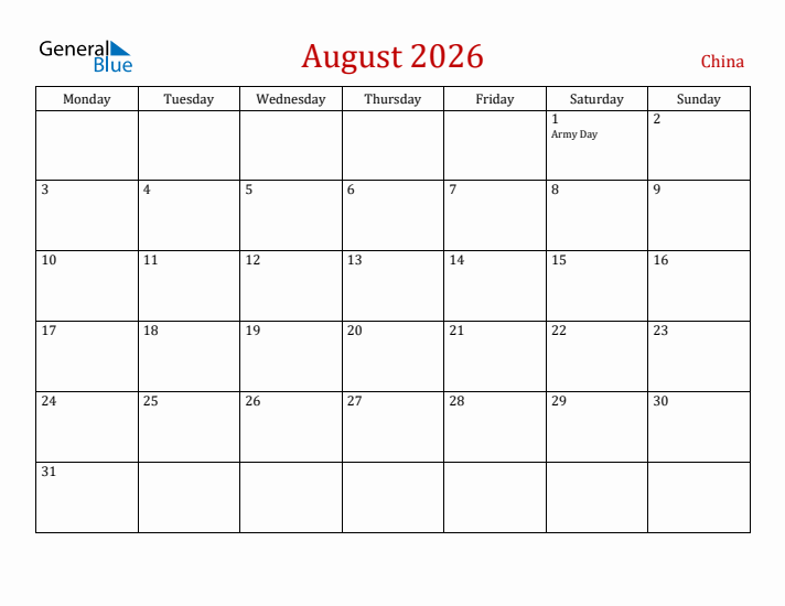 China August 2026 Calendar - Monday Start