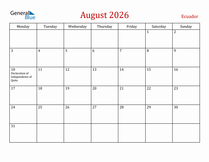 Ecuador August 2026 Calendar - Monday Start