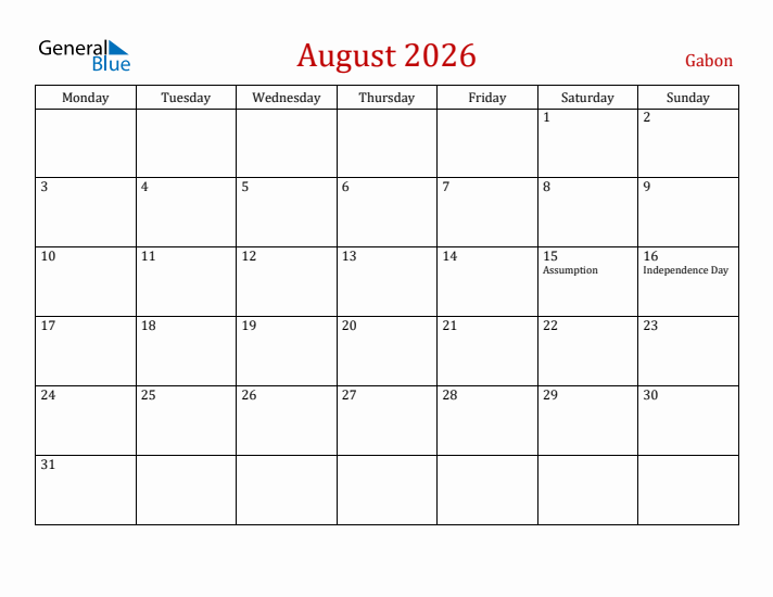 Gabon August 2026 Calendar - Monday Start