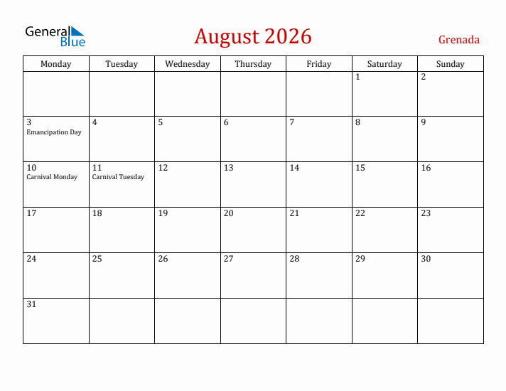 Grenada August 2026 Calendar - Monday Start