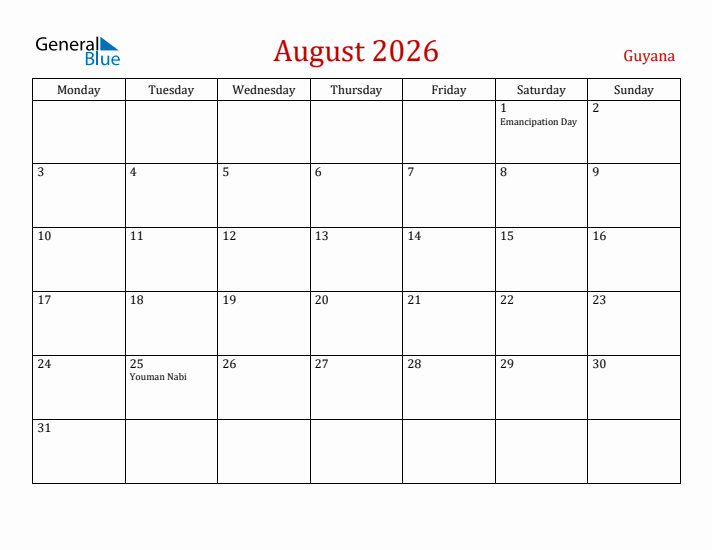 Guyana August 2026 Calendar - Monday Start