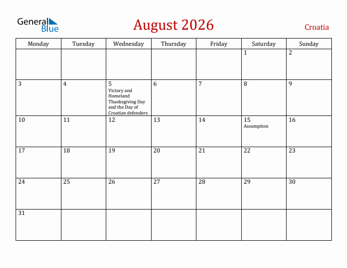 Croatia August 2026 Calendar - Monday Start