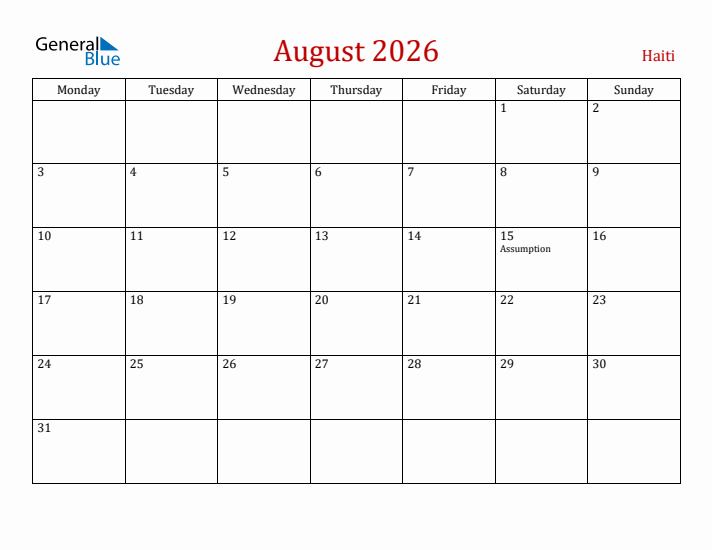 Haiti August 2026 Calendar - Monday Start