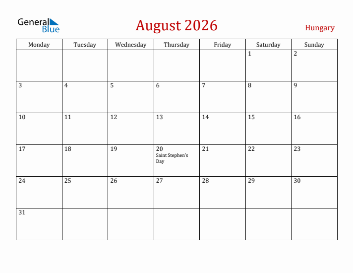 Hungary August 2026 Calendar - Monday Start
