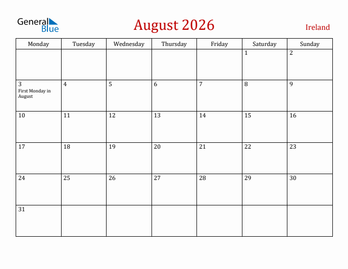 Ireland August 2026 Calendar - Monday Start