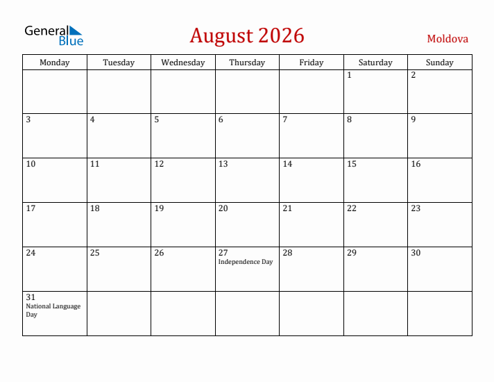 Moldova August 2026 Calendar - Monday Start
