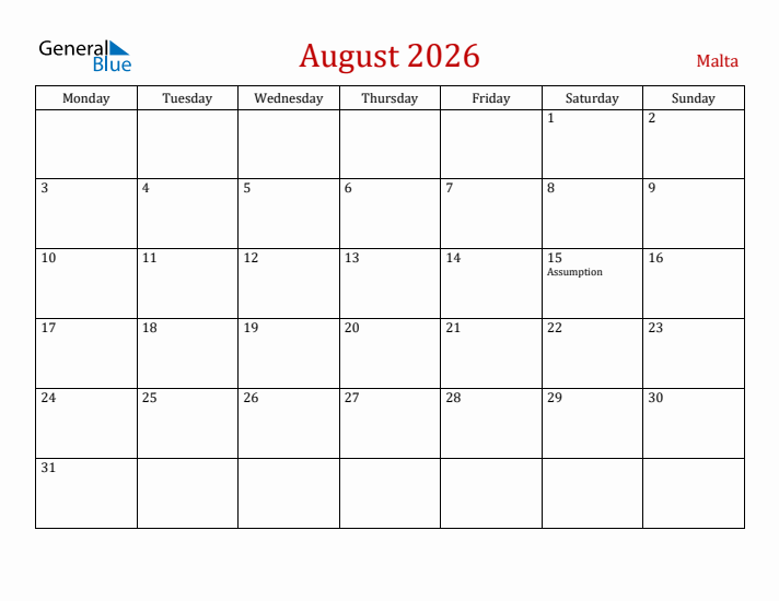 Malta August 2026 Calendar - Monday Start