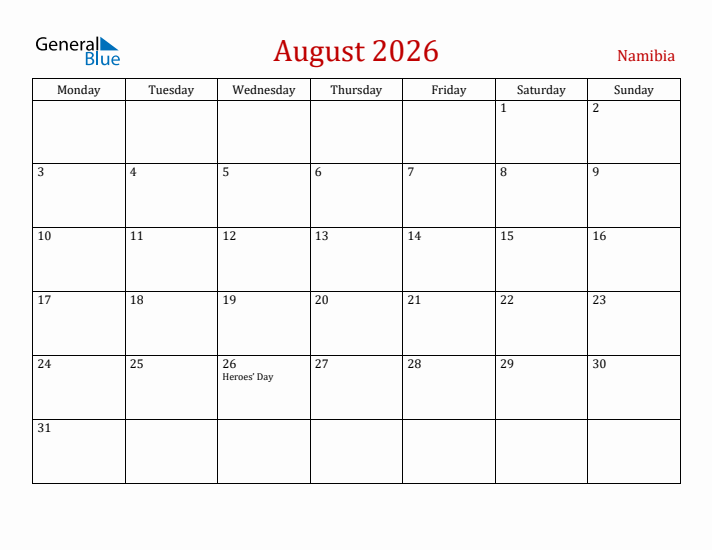 Namibia August 2026 Calendar - Monday Start