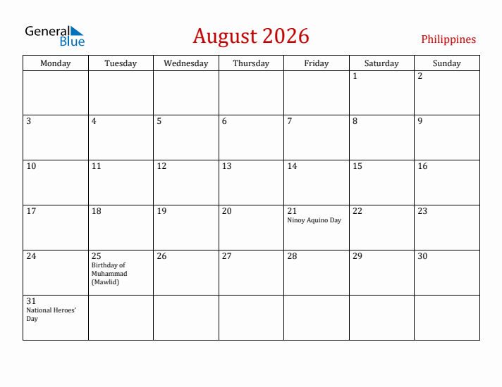 Philippines August 2026 Calendar - Monday Start