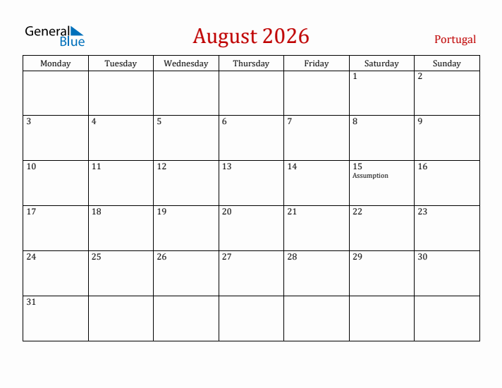 Portugal August 2026 Calendar - Monday Start