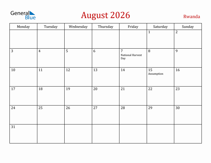 Rwanda August 2026 Calendar - Monday Start