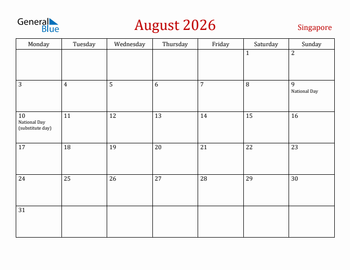 Singapore August 2026 Calendar - Monday Start