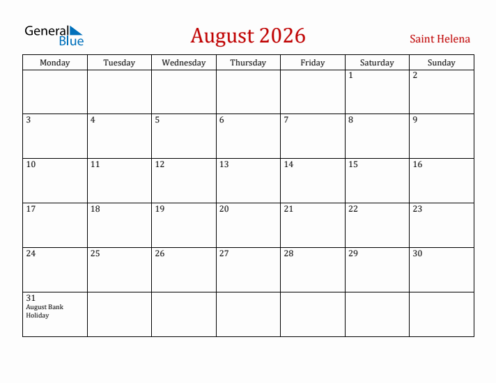 Saint Helena August 2026 Calendar - Monday Start