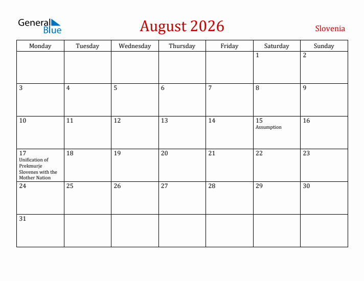 Slovenia August 2026 Calendar - Monday Start