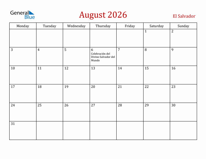 El Salvador August 2026 Calendar - Monday Start