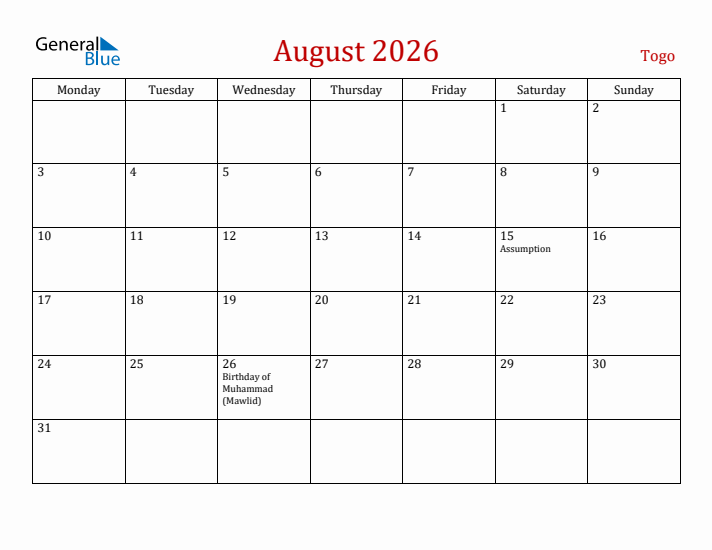 Togo August 2026 Calendar - Monday Start