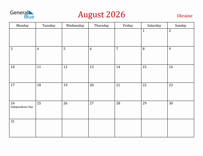 Ukraine August 2026 Calendar - Monday Start