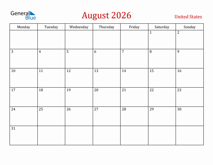 United States August 2026 Calendar - Monday Start