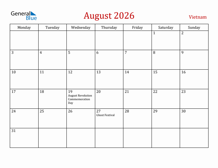 Vietnam August 2026 Calendar - Monday Start