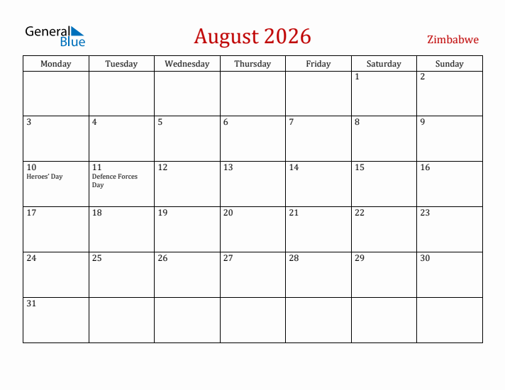 Zimbabwe August 2026 Calendar - Monday Start