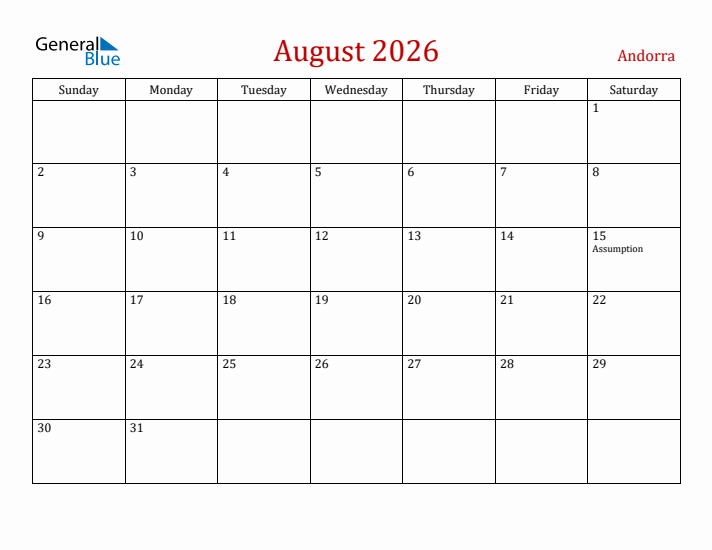 Andorra August 2026 Calendar - Sunday Start