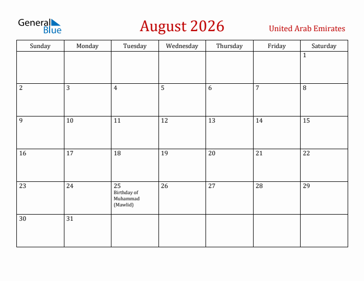 United Arab Emirates August 2026 Calendar - Sunday Start