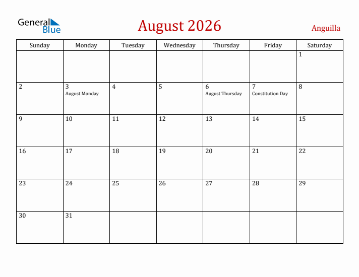 Anguilla August 2026 Calendar - Sunday Start