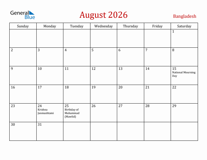 Bangladesh August 2026 Calendar - Sunday Start