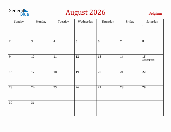 Belgium August 2026 Calendar - Sunday Start