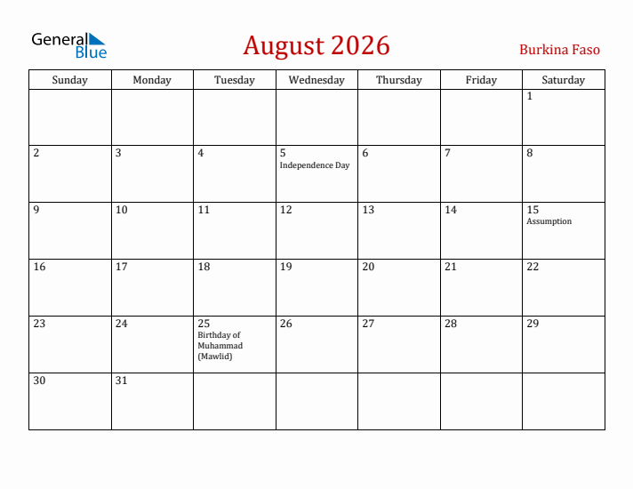 Burkina Faso August 2026 Calendar - Sunday Start