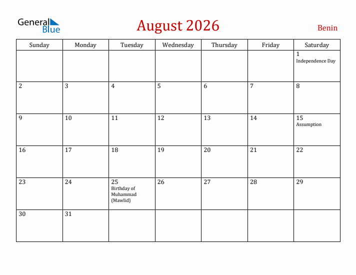 Benin August 2026 Calendar - Sunday Start